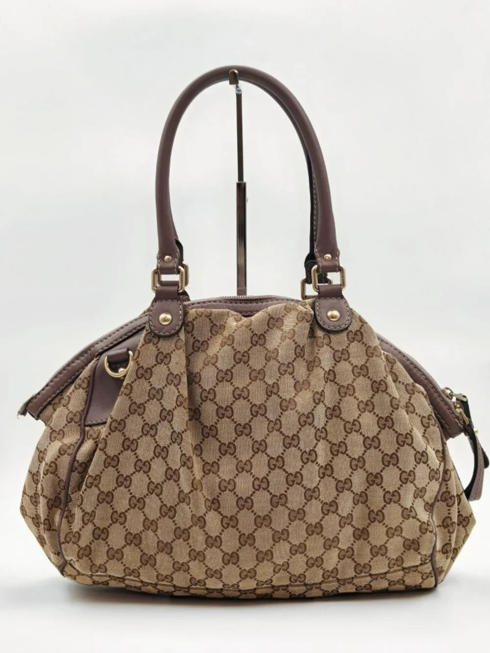 Gucci GG Canvas Sukey Large Shoulder Bag Beige Brown Monogram Leather Trim